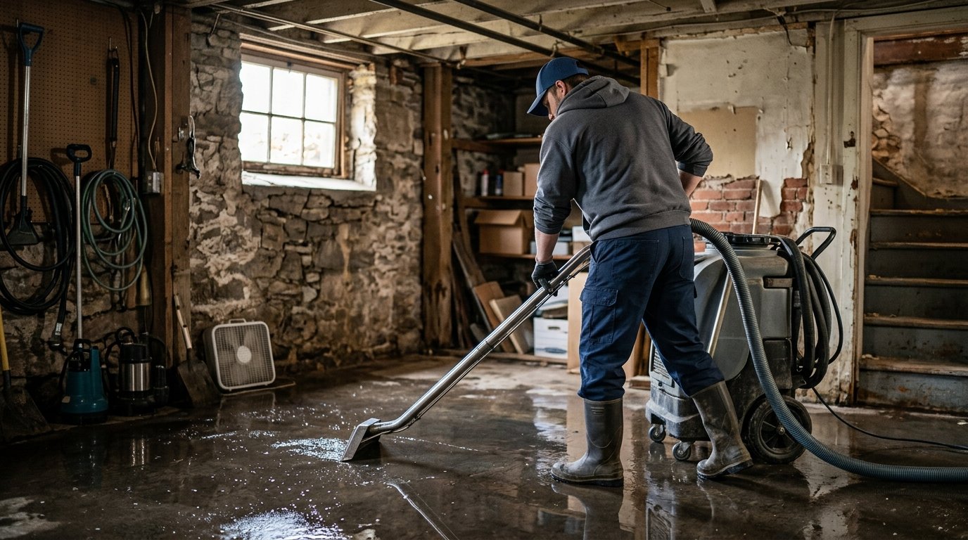 A restoration technician in rubber boots drawing standing water off a flooded basement floor with a wet extraction wand, the truck-mount vacuum beside him and sump pumps and a drying fan against the stone foundation wall.