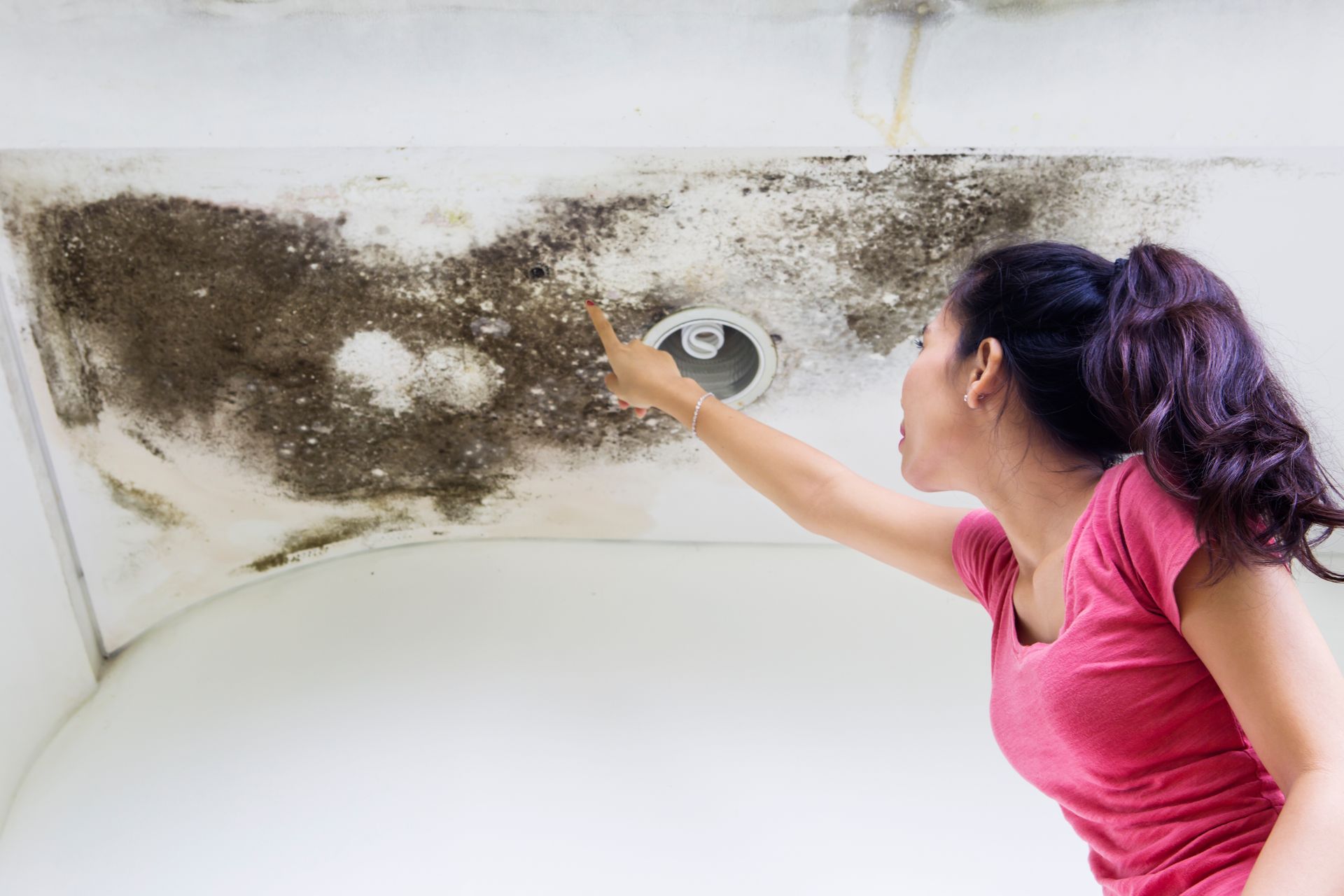Asbestos Abatement — Hathaway Environmental in Solon, OH A woman is pointing at a moldy ceiling in a bathroom.